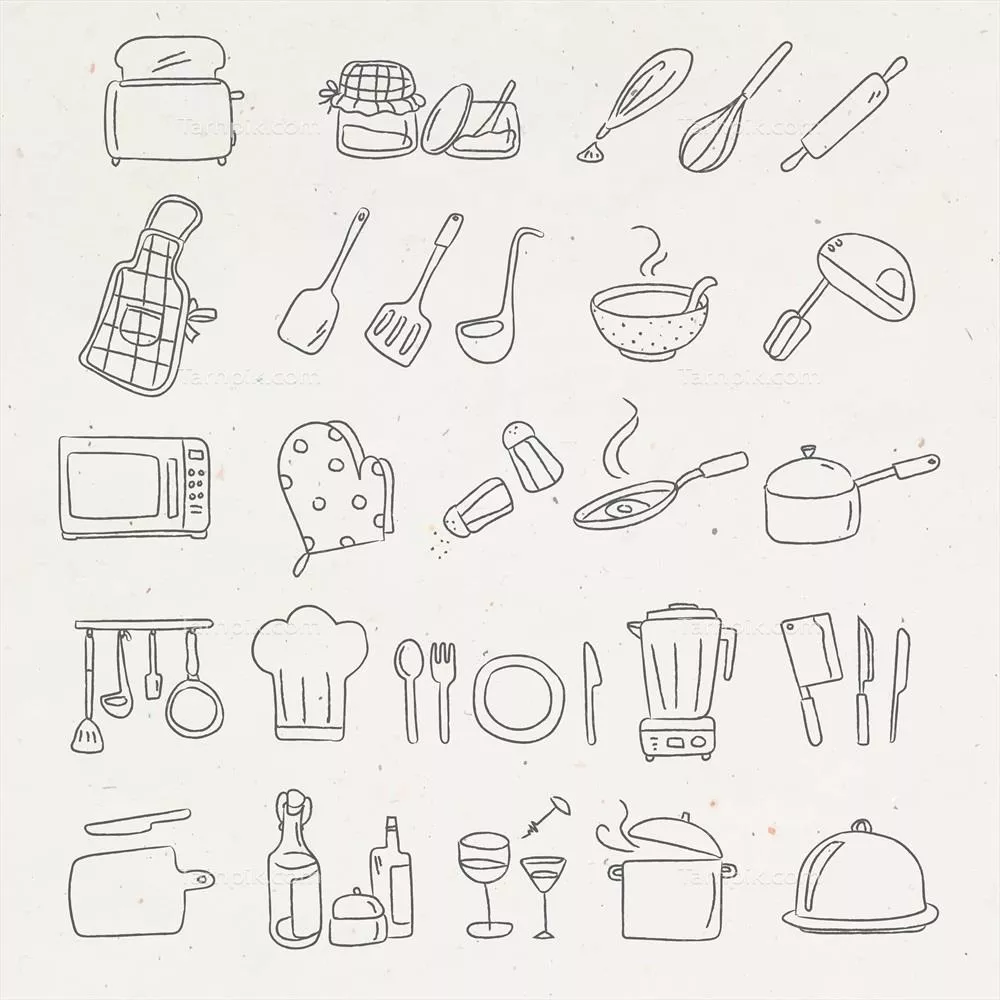 ست برچسب های وکتور دسته طراحی دکوراسیون آشپزخانه با وسایل زیبا و فانتزی