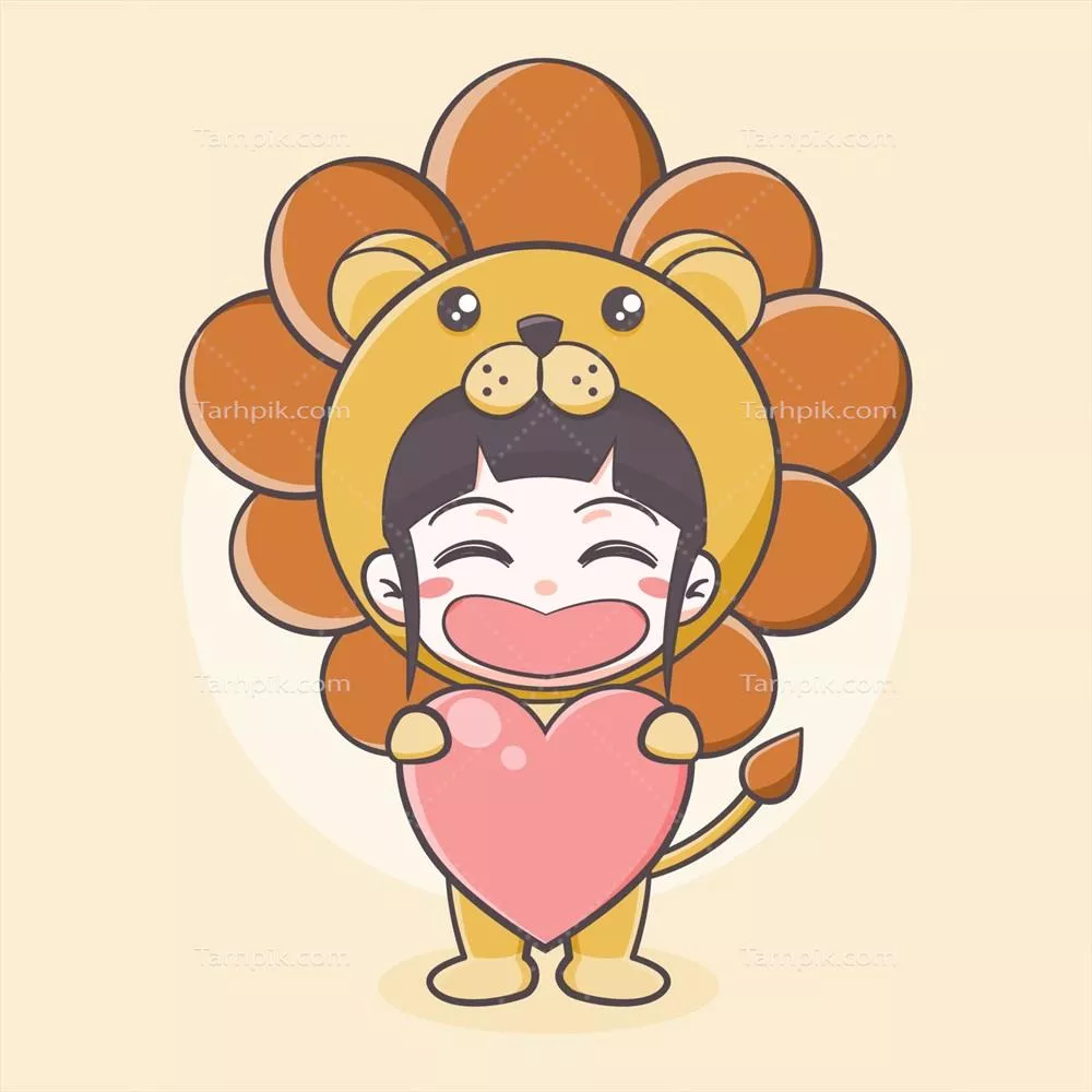 وکتور تصویر کارتونی دختری با لباس شیر زیبا در حال نگهداشتن قلبی شفا یافته
