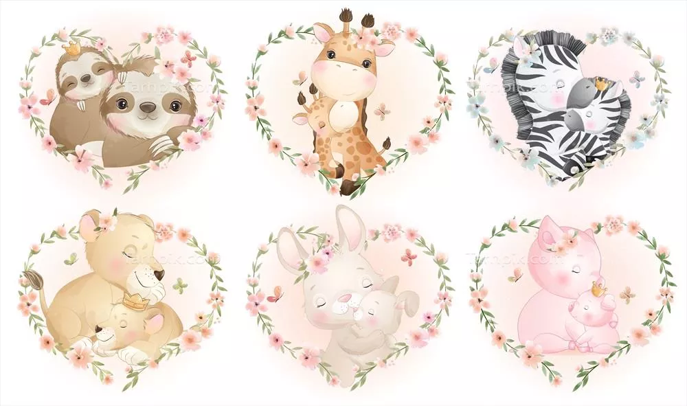 مجموعه وکتور حیوانات کوچک و زیبا با حلقههای گل برای روز مادر