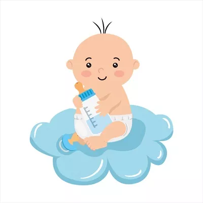 طرح وکتور ناز از یک پسر بچه کوچک با بطری شیر در ابرها