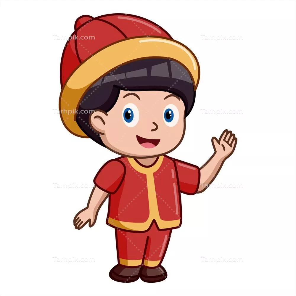 وکتور پسر کوچک و قشنگ در لباس سنتی چینی و نمادهای فرهنگی جذاب