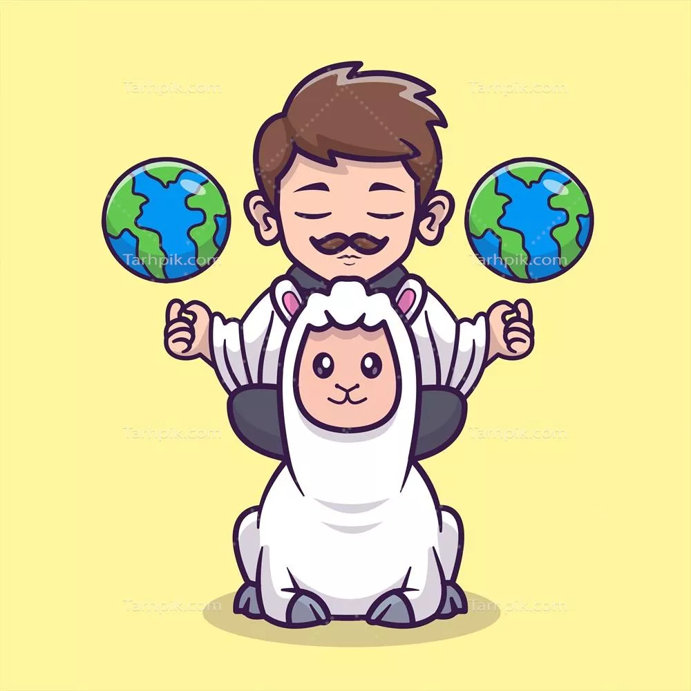 وکتور شخصی جذاب در حال مدیتیشن و یوگا با الپاکا و لاما بر روی کره زمین