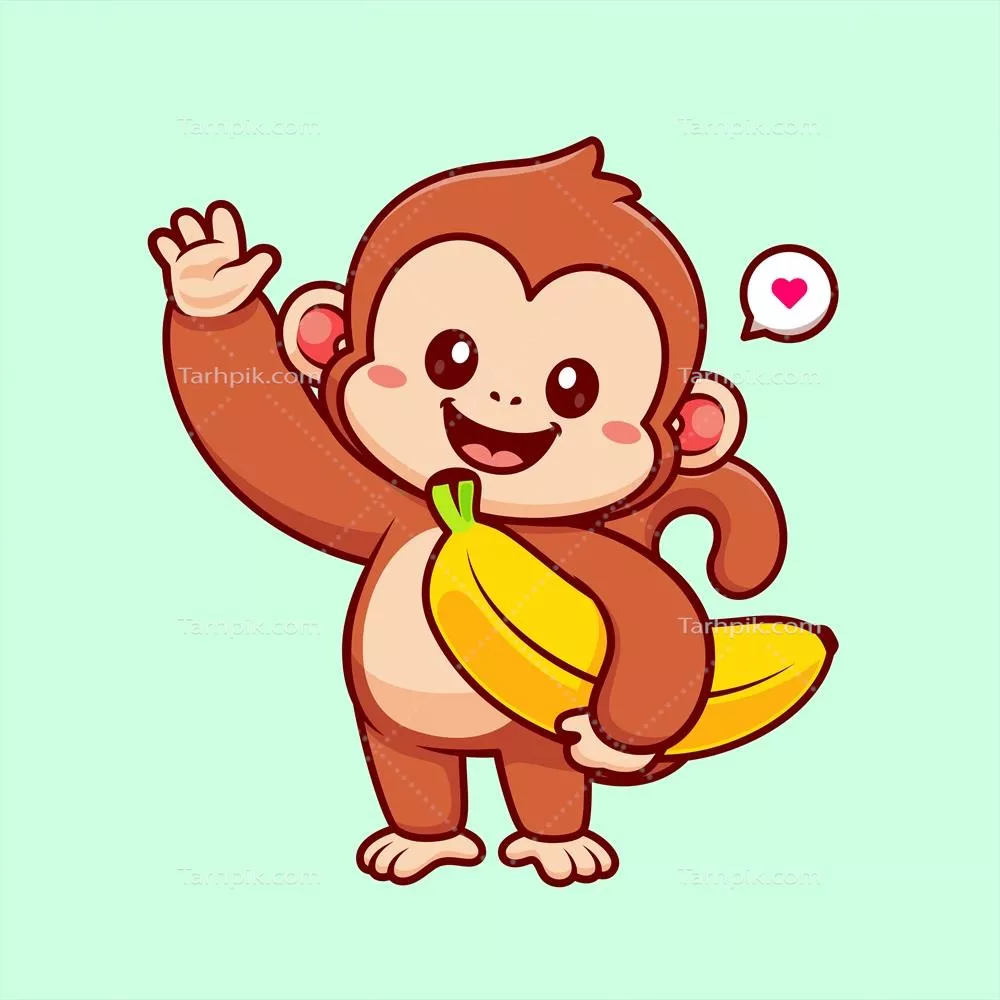 انیمیشن کارتونی بامزه میمون در حال نگه داشتن موز - آیکون و تصویر وکتور
