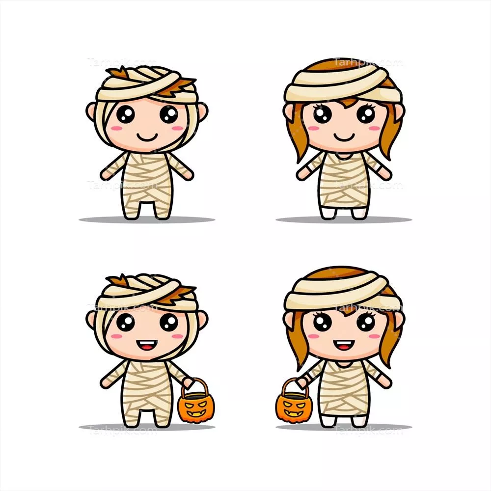 وکتور بندیل شخصیتهای بامزه با لباس مومیایی مناسب برای کودکان