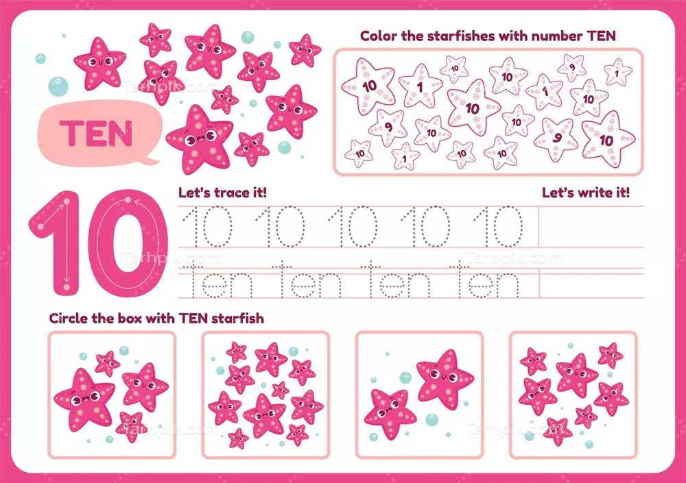 وکتور برگه کار شماره ده با طرح های جذاب و کودکانه برای یادگیری