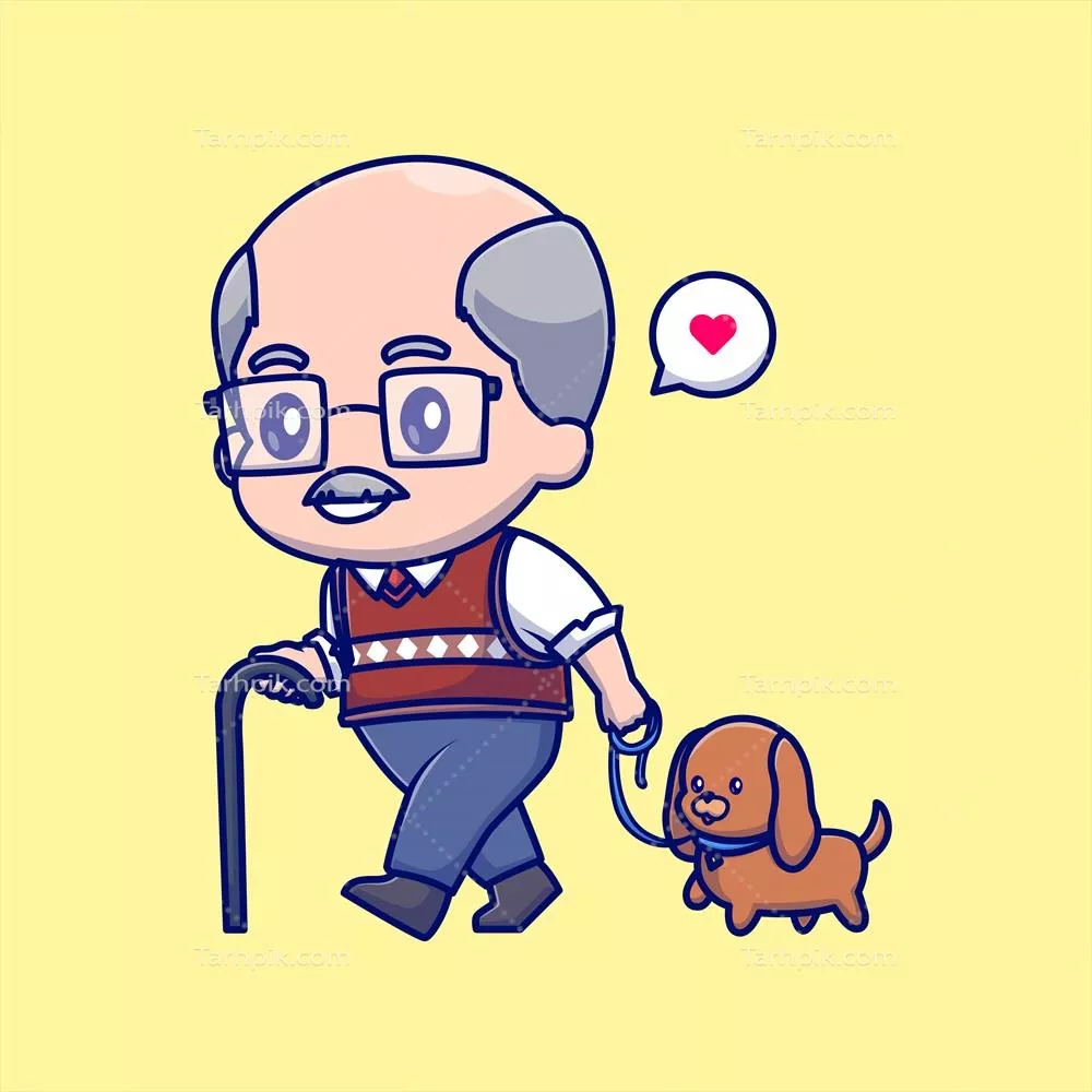 نقاشی وکتور از مرد پیر باحال در حال قدم زدن با سگ - نماد و مفهوم