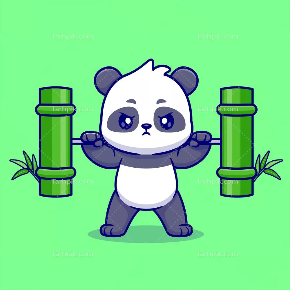 وکتور نقاشی کارتونی بامزه از پاندا که هالتر بامبو را بلند می‌کند