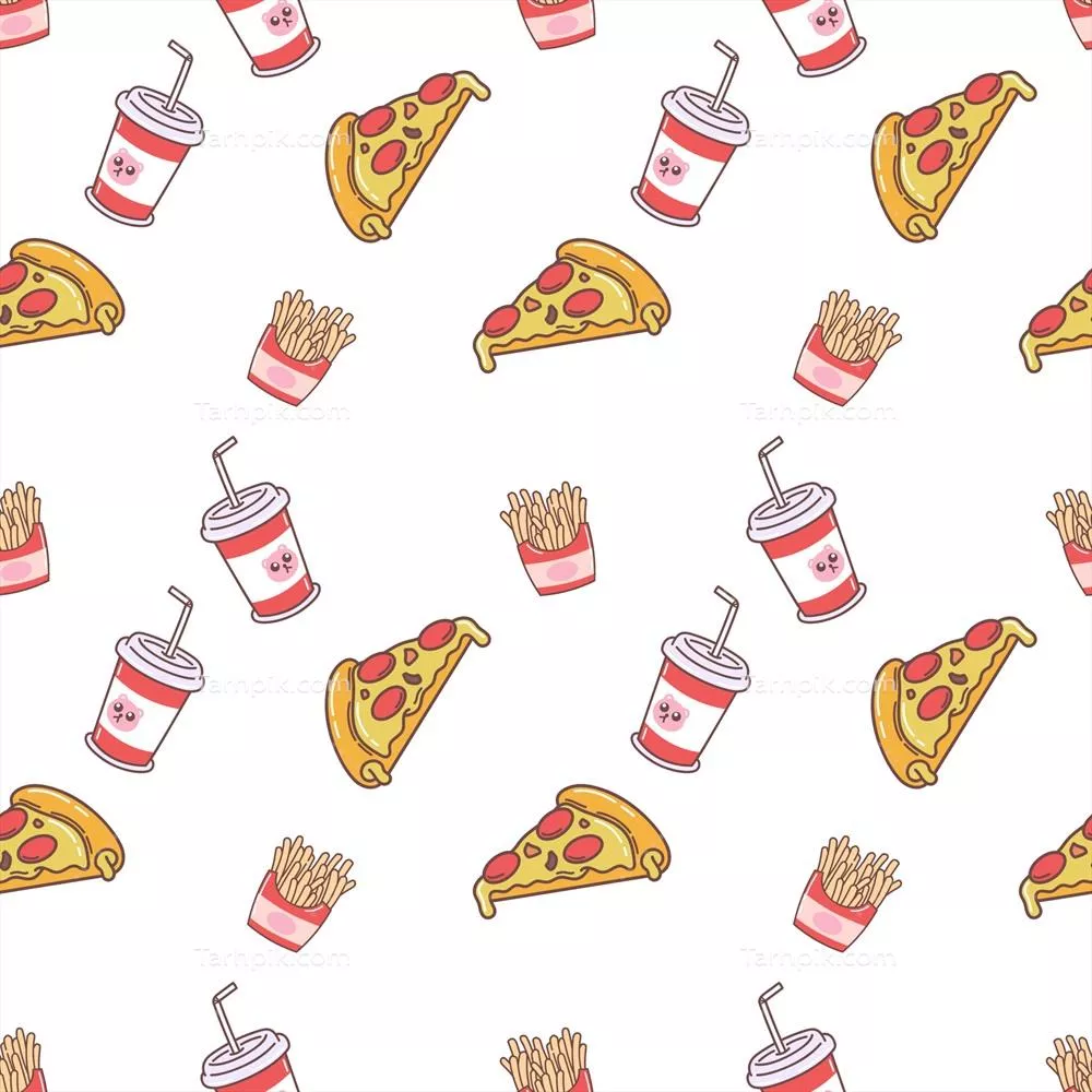 وکتور الگوی بی انتها از کارتون غذا و نوشیدنی با پیتزاهای زیبا و بامزه
