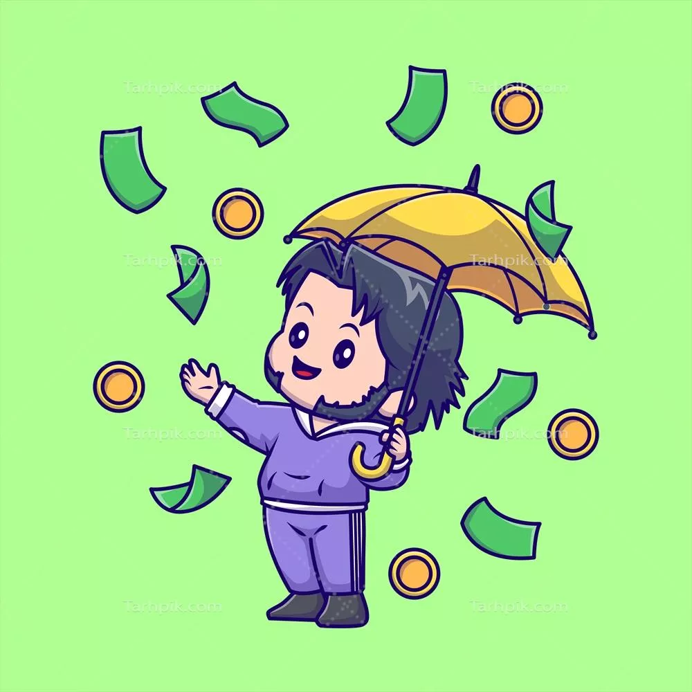 کاریکاتور مرد ثروتمند خوشگل با چتر زیر باران پول - وکتور