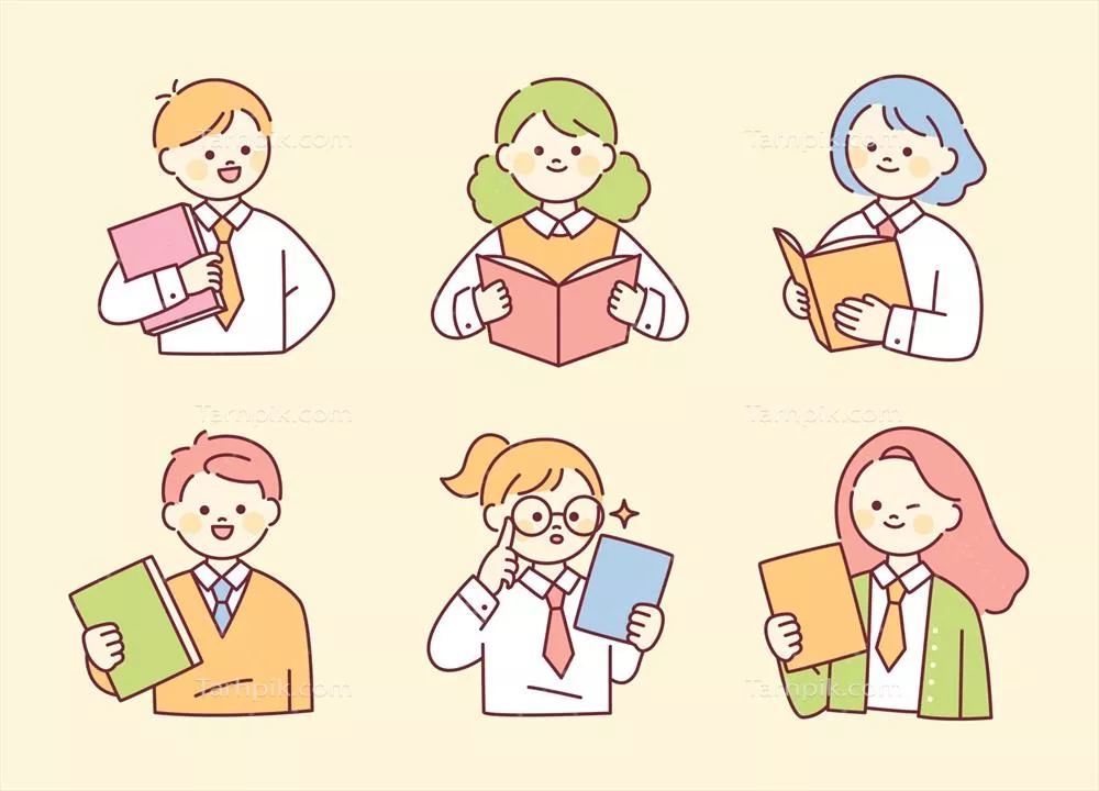 وکتور کودکان با چهرههای گرد و دوستداشتنی در لباس فرم مدرسه دستهجمعی ایستادهاند