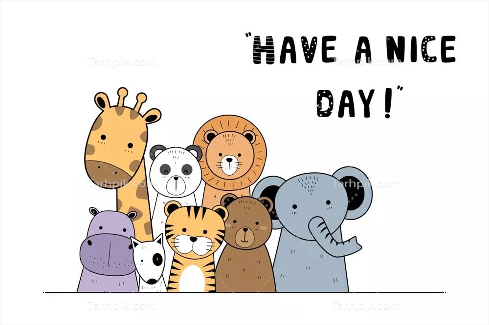 وکتور کارت تبریک رنگارنگ با طراحی کاریکاتوری و حیوانات زیبا در سافاری