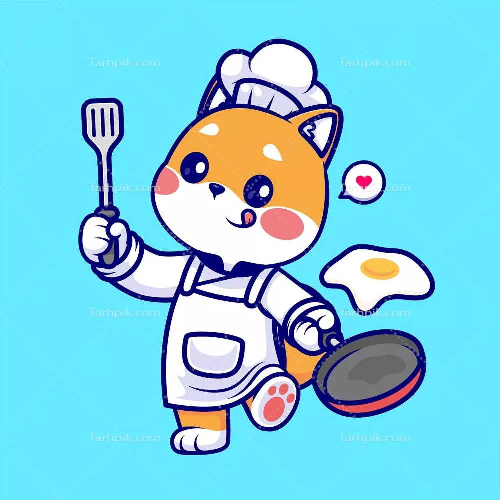 وکتور شعار کارتونی سگ شیبا اینو به عنوان سرآشپز در حال تهیه تخم مرغ سرخ شده
