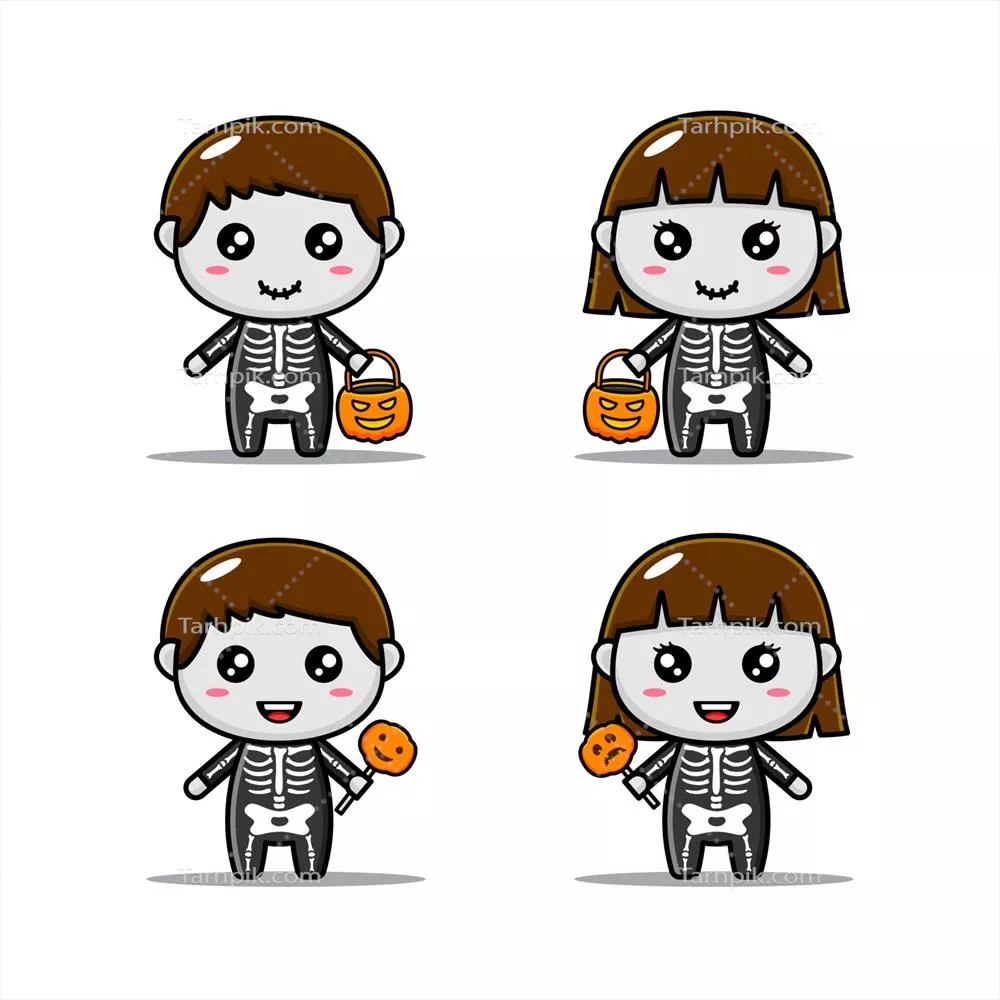 وکتور بسته شخصیتهای خندهدار با لباس اسکلت مناسب برای کودکان