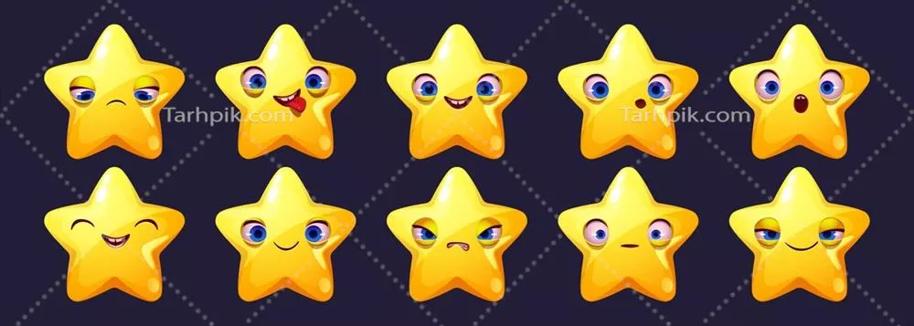 وکتور مجموعه ایموجیهای کاراکتر ستارهای با چهرههای جذاب و کارتونیشان