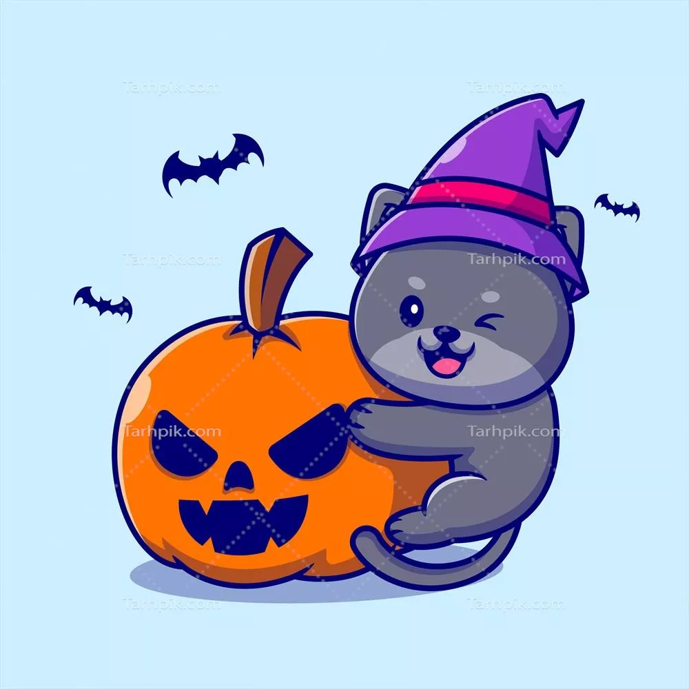 وکتور کارتون زیبا از جادوگر کوچولو، گربه و کدو حلوایی در هالوین