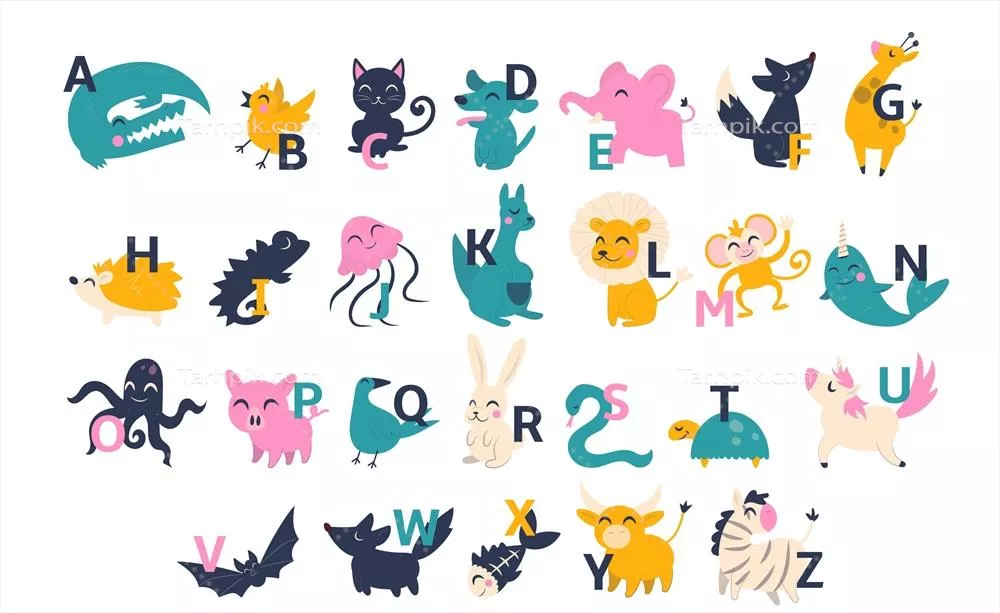 وکتور وانمود حیوانات کارتونی با حروف الفبای زیبا در پسزمینه سفید