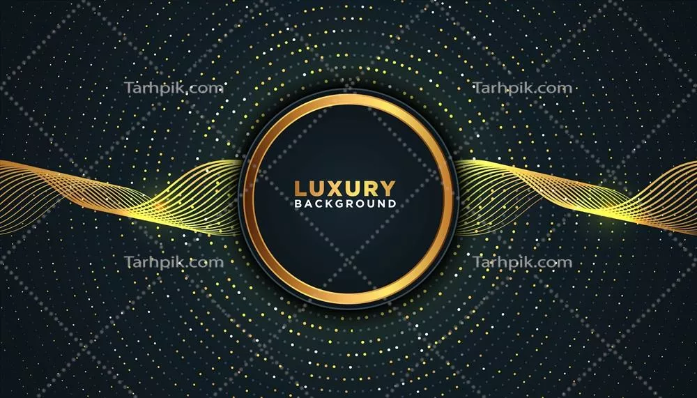 وکتور پیش زمینه لوکس تاریک با نقطههای شعاعی طلایی و قاب دایرهای و روبان مش