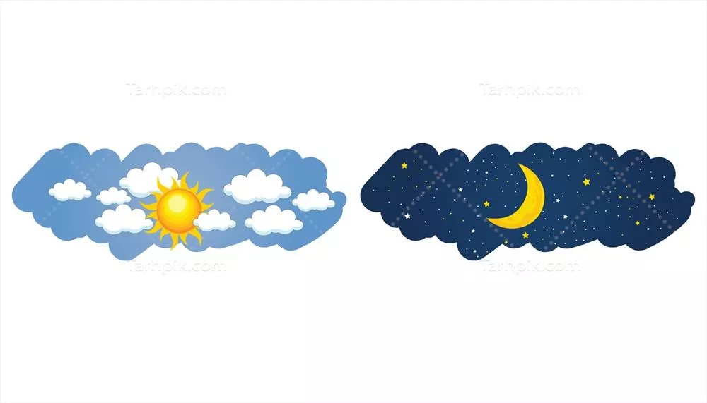 وکتور تصویر شب و روز شامل خورشید، ابرها، ماه و ستارهها