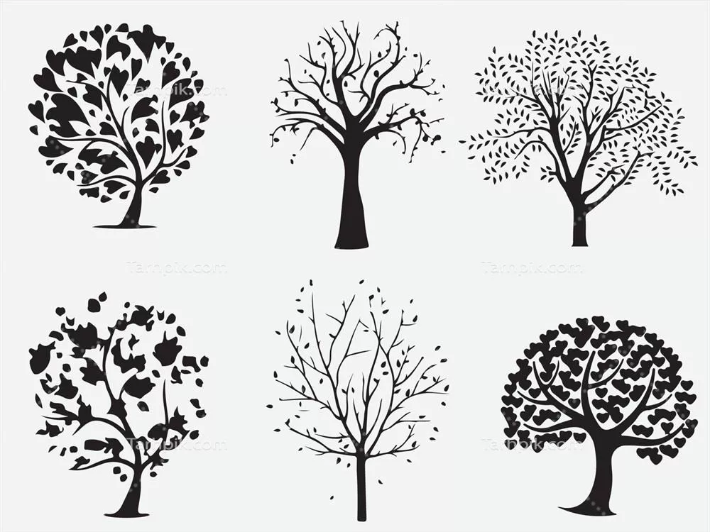 وکتور مجموعه ای از سیلوئت های درختان مرده و خشک برای طراحی و تصویرسازی