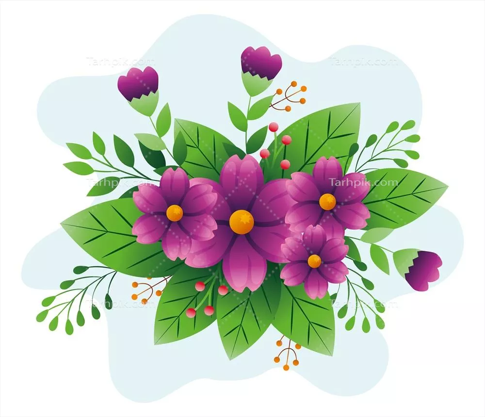 وکتور تزئین گل های بنفش با شاخه ها و برگ های زیبا و شگفت انگیز