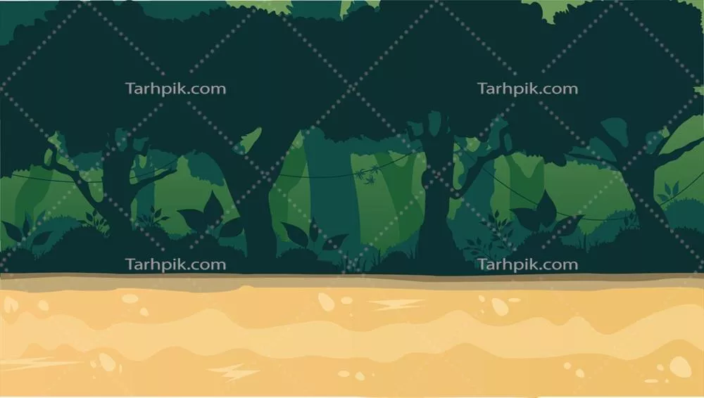 تصویر کارتونی از صحنه جنگل عمیق با درختان در پسزمینه وکتور