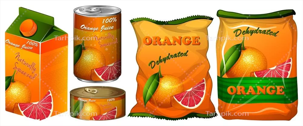 وکتور تصویر سازی پرتقال خشک شده در بسته بندی های مختلف و جذاب