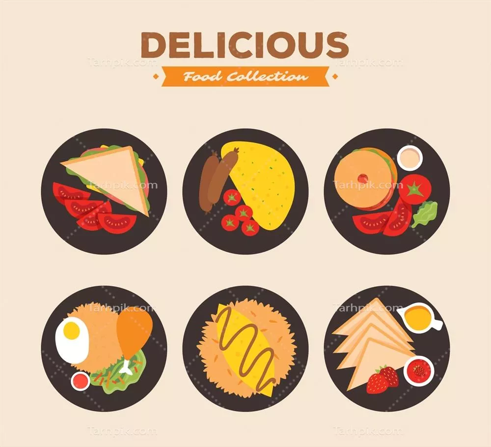 بسته وکتور غذاهای خوشمزه شامل انواع خوراکیها و دستورهای طبخ