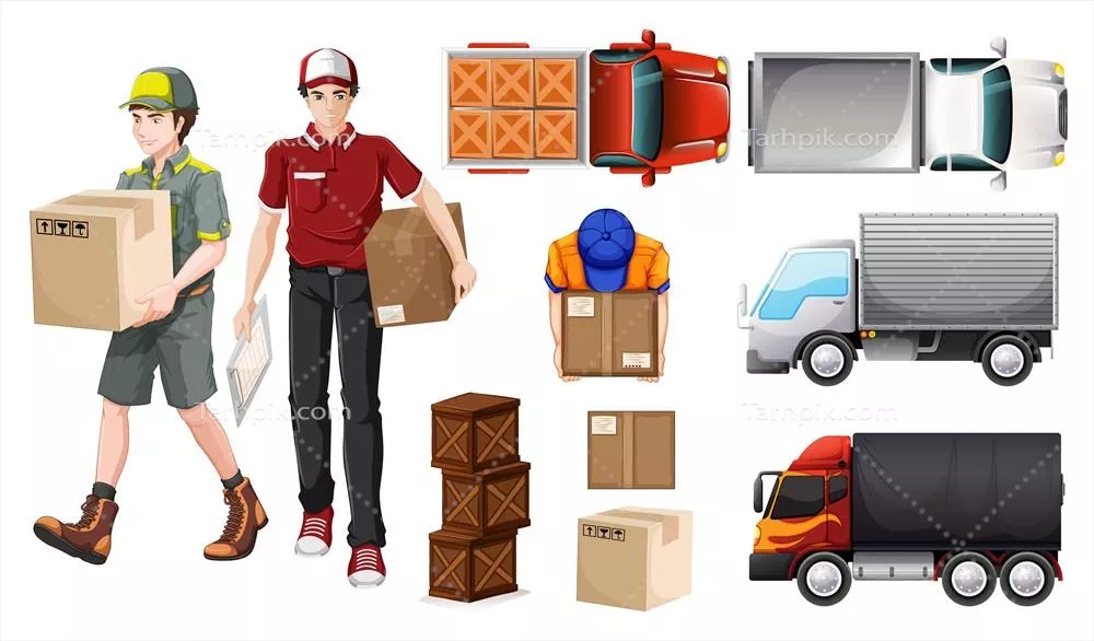 وکتور تصویر خدمات تحویل با مرد تحویل‌دهنده و کامیون‌ها در حال کار