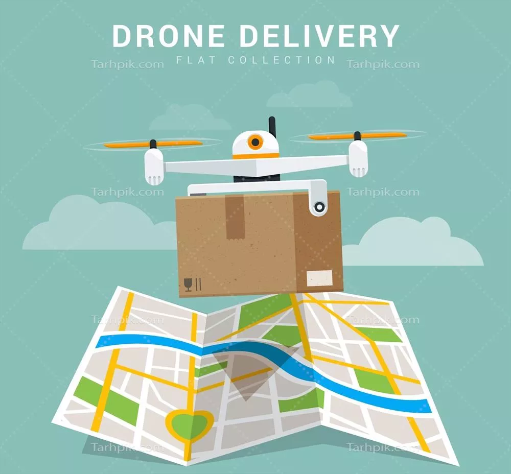 طرح وکتور یک پهپاد تحویل با جعبه و نقشه