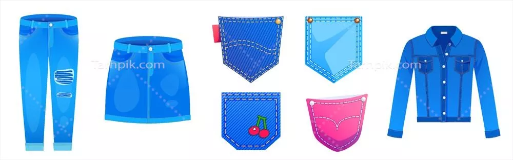 وکتور کت شلواری از جنس جین با دامن مینی و شلوار با جیب های پچ دار