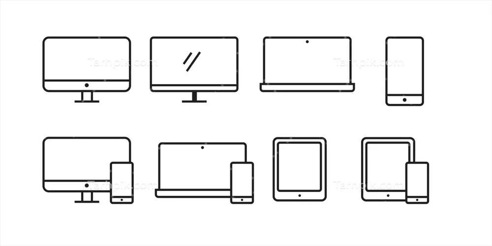 وکتور ایکونهای خطی دستگاهها و الکترونیک شامل کامپیوترها و موبایلها