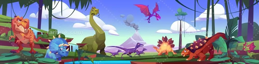 وکتور دیناسورهای مختلف در محیط طبیعی: جانداران ماقبل تاریخ و اکوسیستمهای متنوع