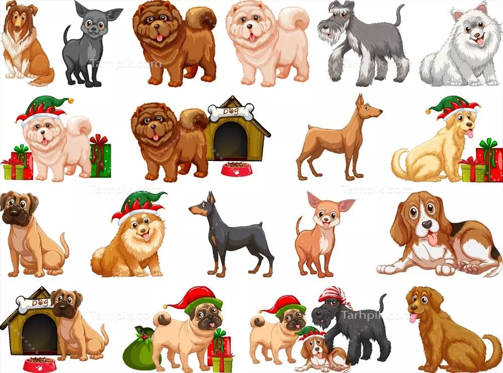 وکتور انیمیشن کاریکاتوری از سگ های خنده دار و متنوع بر روی پس زمینه سفید