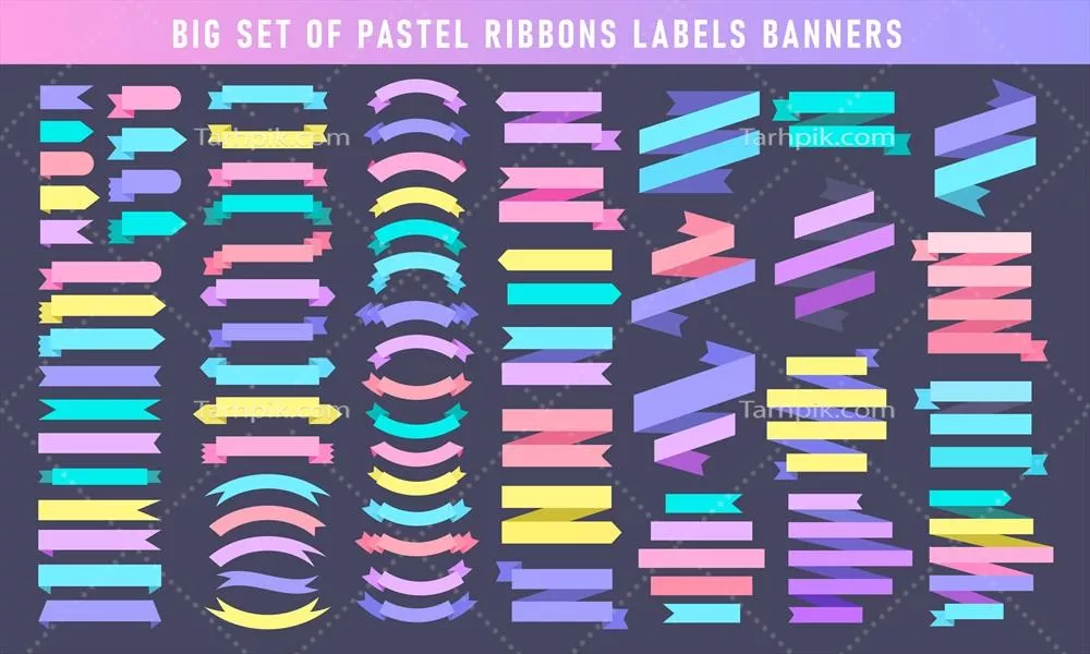 وکتور مجموعه بزرگی از استیکرها و عناصر ریبونی با رنگ‌های پاستلی متنوع