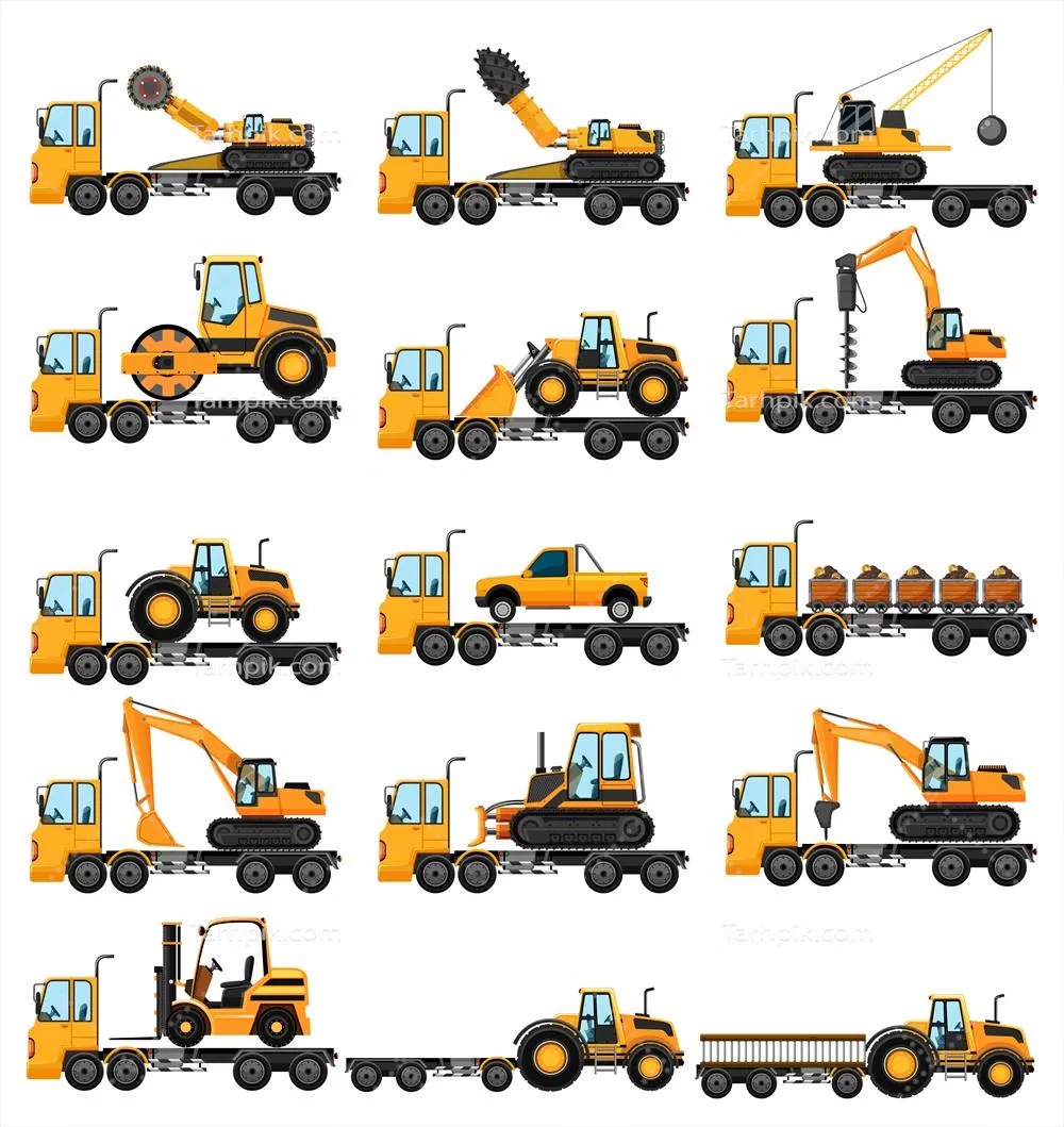 انواع مختلف کامیونهای ساختمانی با طرح وکتور برای استفاده در پروژهها