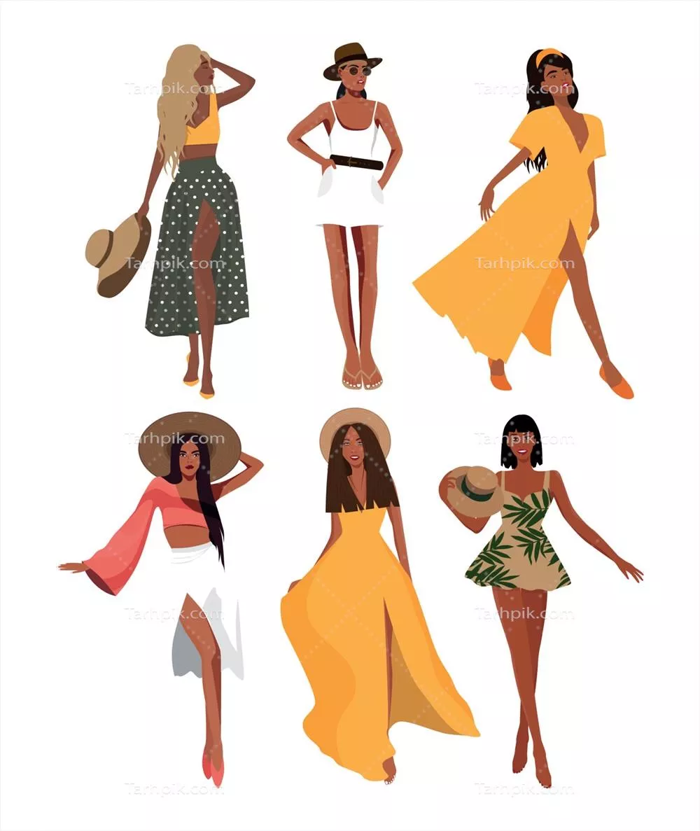 وکتور مجموعه طراحی دیجیتال از دختر در تابستان با رنگهای روشن و جذاب