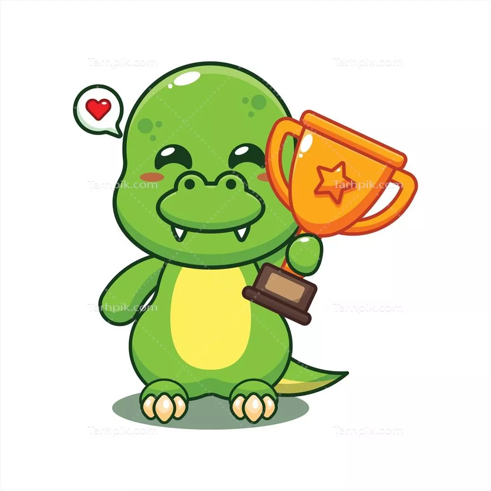 وکتور تصویر کارتونی دایناسور که جام طلایی را در دست دارد