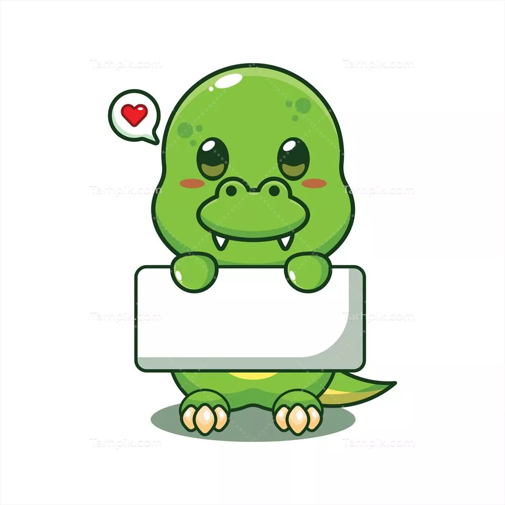 وکتور تصویر کارتونی از دایناسور که بنر تبریک را در دست دارد