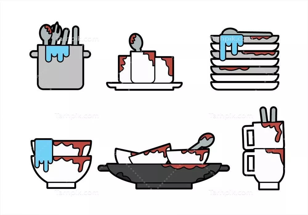وکتور ست آیکونهای ظرفهای کثیف برای نمایش بصری تمیزکاری آشپزخانه