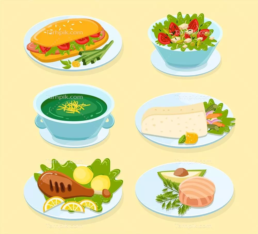 مجموعهای از تصاویر مختلف غذاها با طراحی وکتورهای متنوع