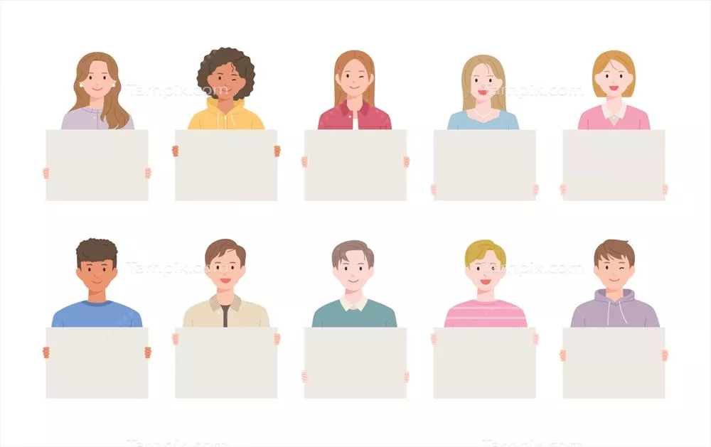 وکتور مردم متنوع با چهرههای شاد و پلاکاردهای سفیدی در دست دارند