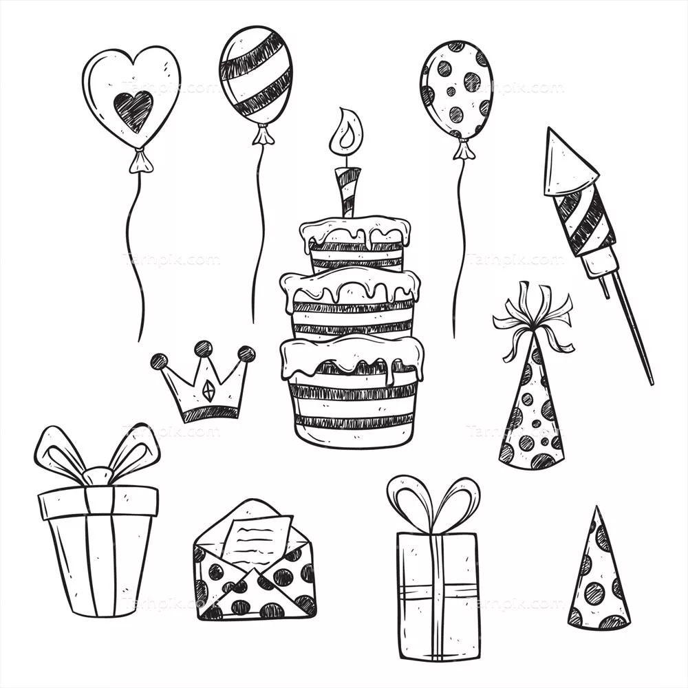 وکتور مجموعه عناصر جشن تولد به صورت دودیل روی پسزمینه سفید
