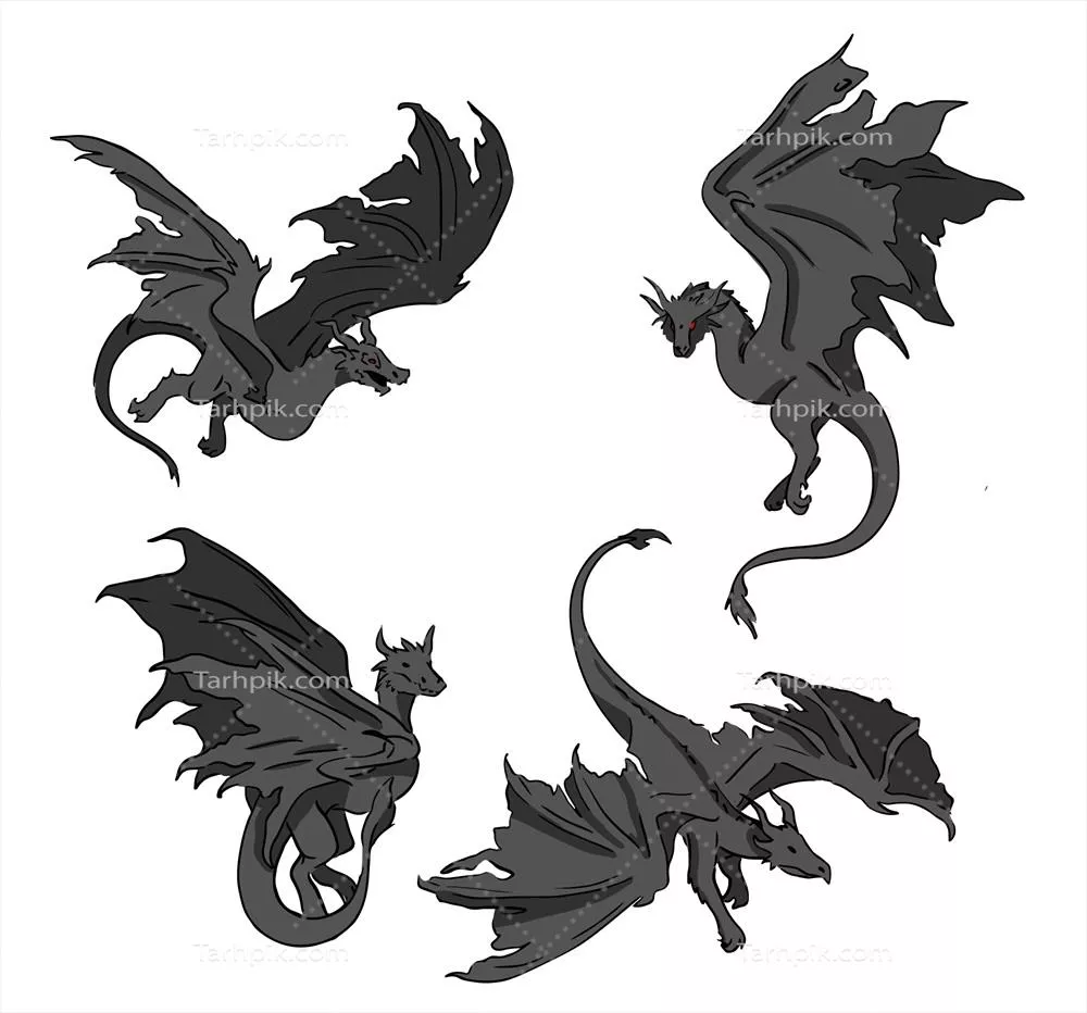 مجموعه‌ی اژدهاهای سیاه رنگ و طراحی شده به صورت وکتور