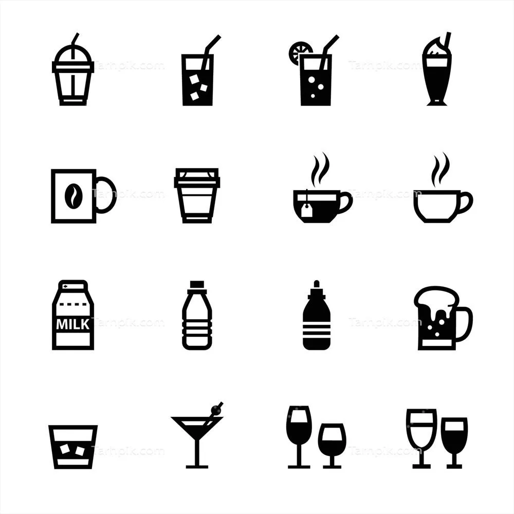 وکتور آیکون‌های نوشیدنی و آیکون‌های Beverage با پس‌زمینه سفید و طراحی زیبا