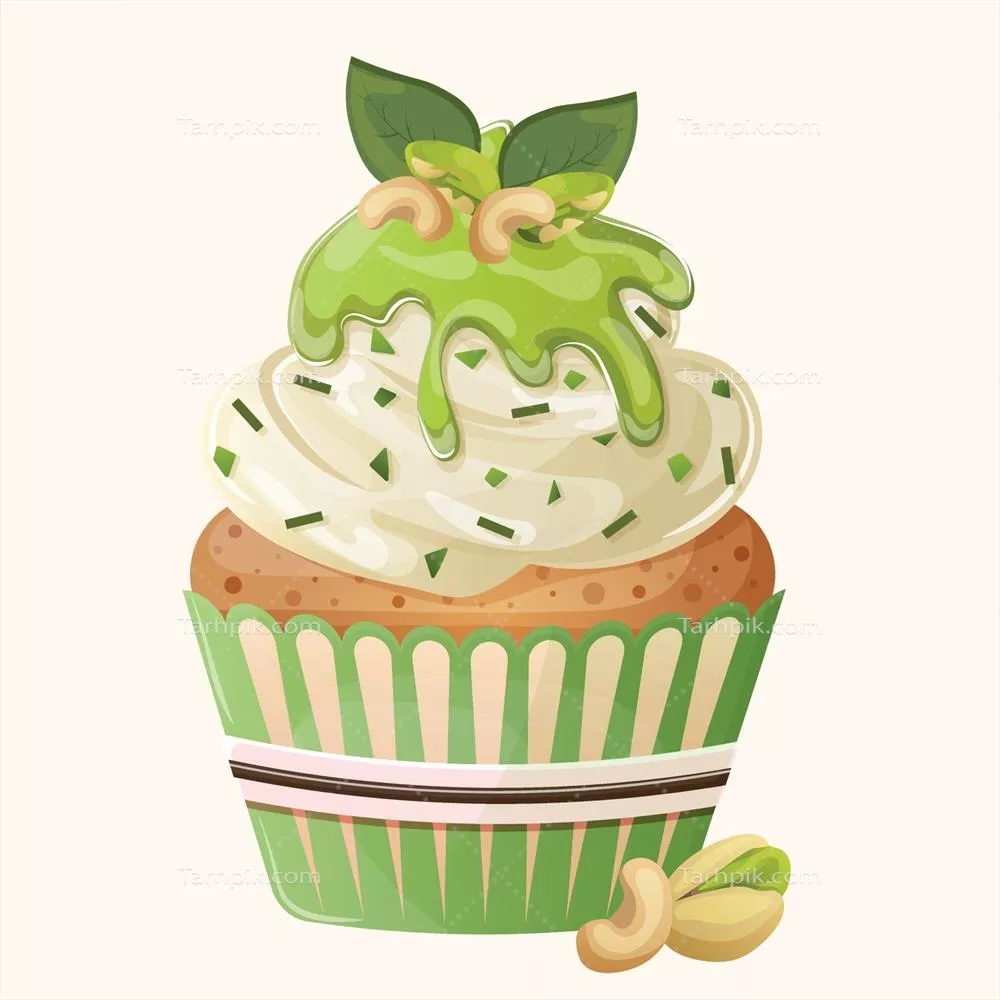 وکتور کاپ کیک پسته ای سبز و سازگار با محیط زیست با خامه سفید و تزیینات
