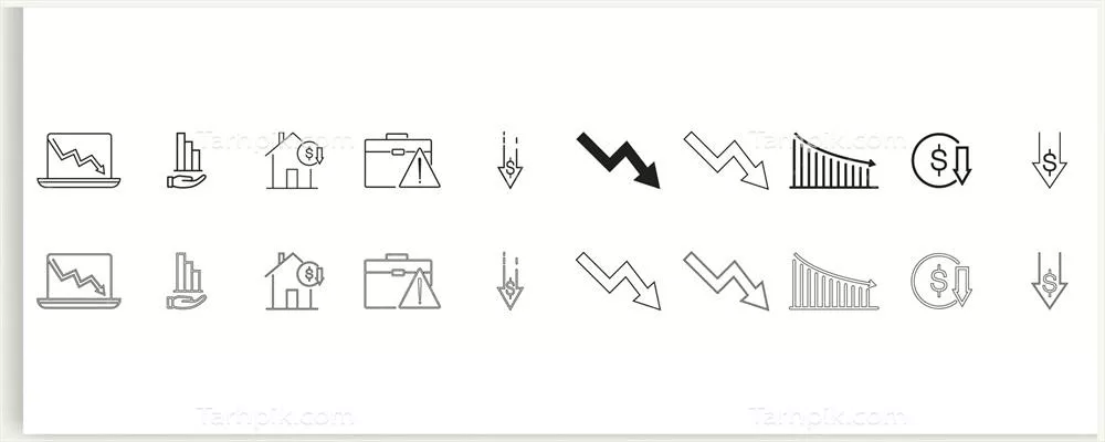 وکتور مجموعه آیکون های سیاه خطی برای بحران اقتصادی و مالی و پول