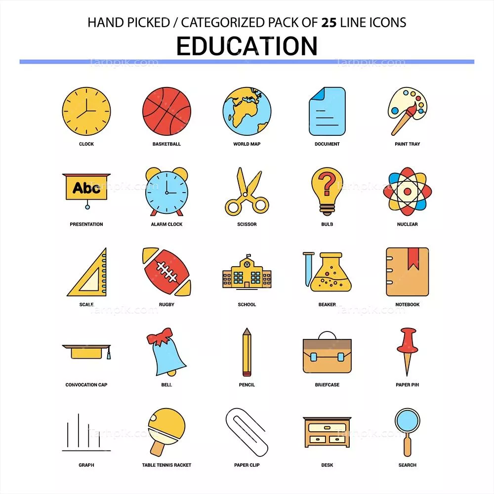 وکتور مجموعه نماد های دو بعدی آموزشی با طراحی خطی و مسطح