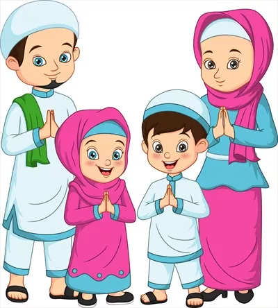 وکتور کاریکاتور خوشامدگویی عید مبارک برای یک خانواده مسلمان شاد