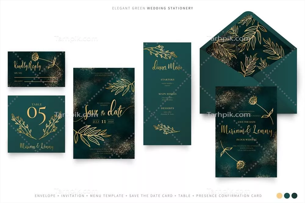 ست عروسی سبز با طراحی ظریف و برگهای طلایی و الگوهای زیبای وکتوری