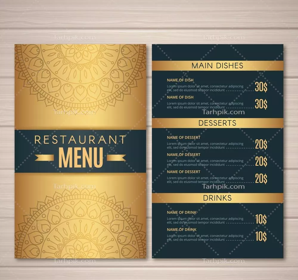 تمپلیت منوی زیبا و شیک با رنگ طلایی و طراحی وکتور